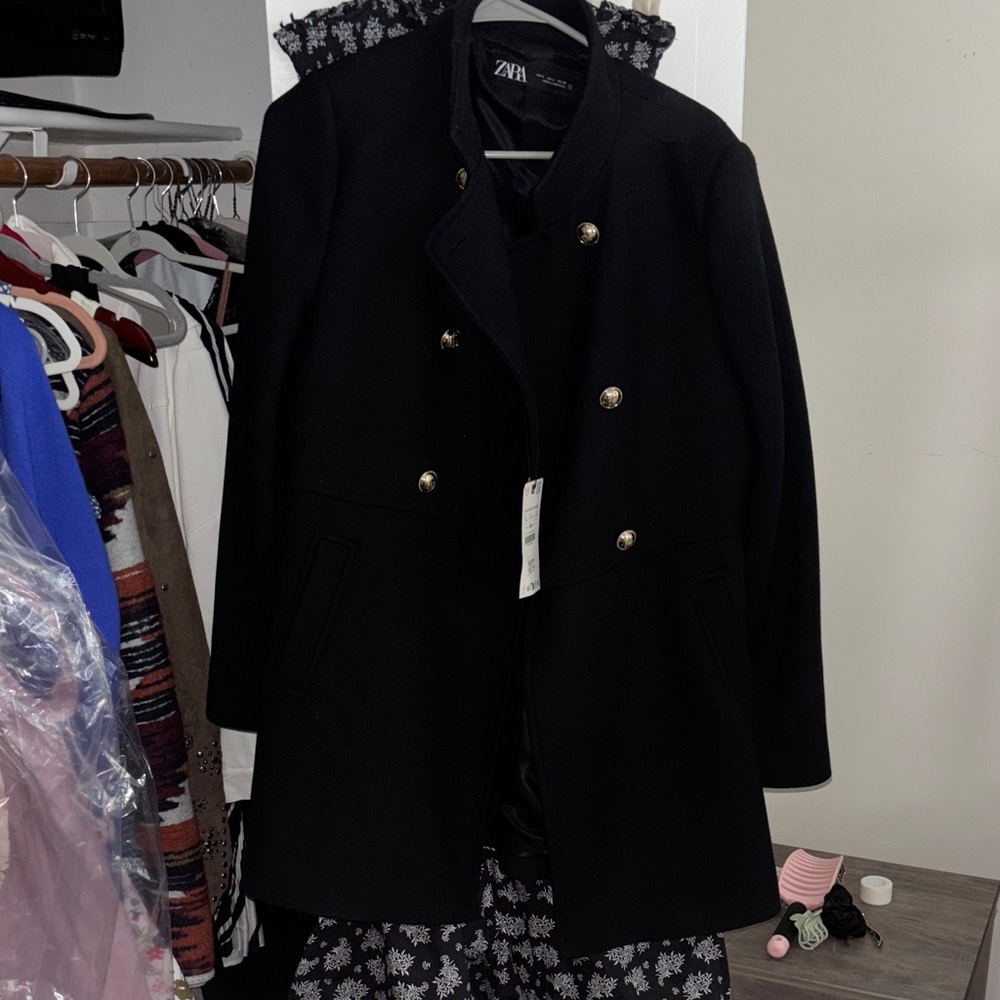 Zara Women's Black Pea Coat with Gold Buttons